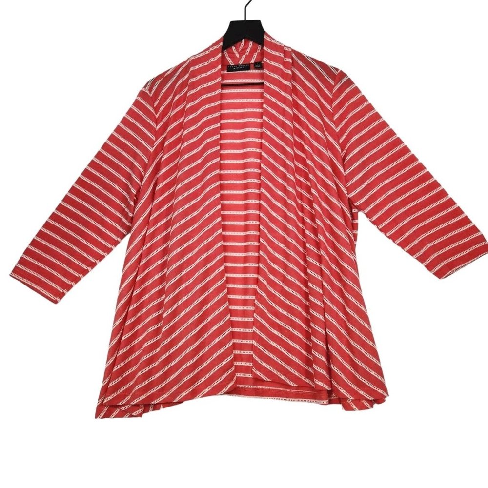 Susan Graver Weekend Open Sweater Large Coral White Striped Cut-Outs Open USA